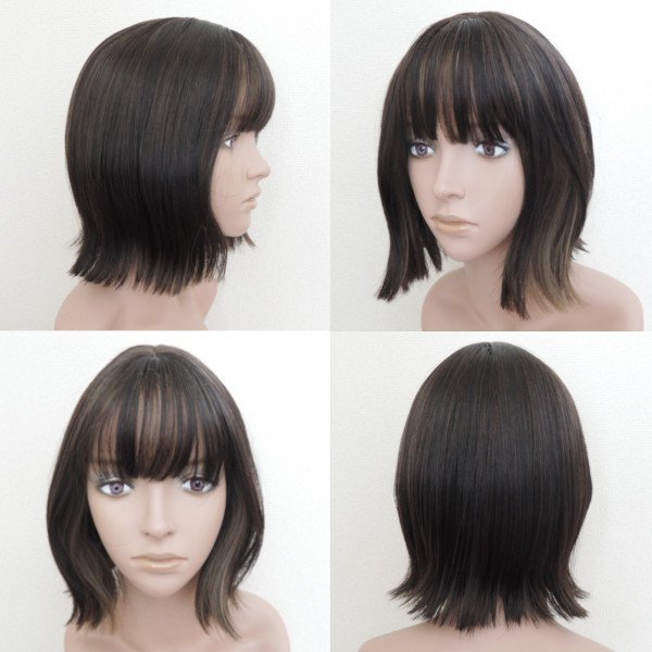 画像16: 艶消しファイバー【ぷつっとくびれボブ（イヤリングカラー）】ビターチョコ×アッシュ（軽量ウィッグ） (16)